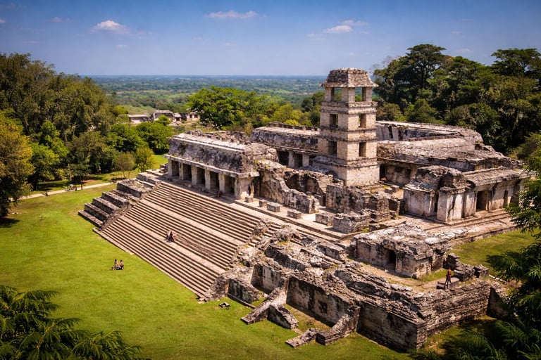Vista aérea de ruinas mayas antiguas con estructuras de piedra y amplia escalera rodeadas de exuberante paisaje selvático verde
