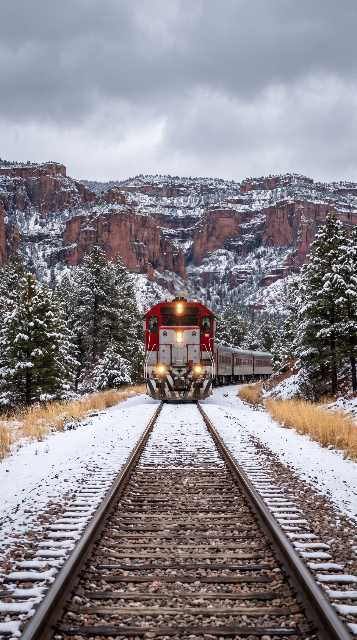 A red and gold train travels along snowy railroad tracks through a winter landscape with red rock formations and evergreen trees under a cloudy sky.
