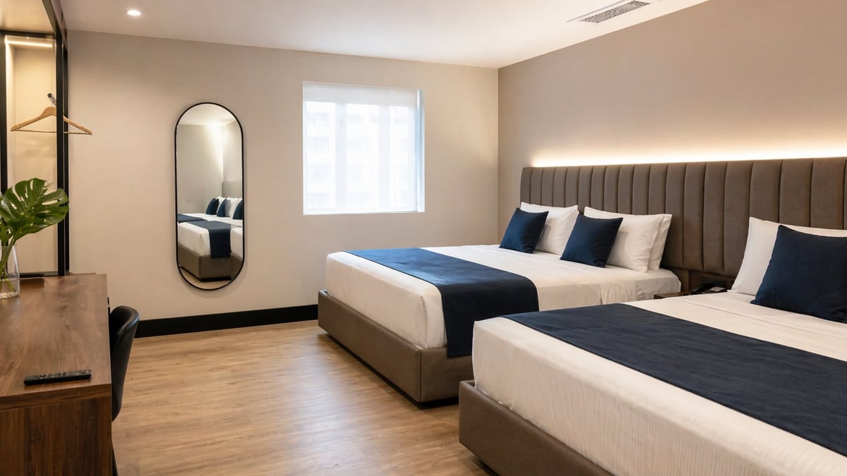 Modern hotel room with two beds, blue accent pillows, gray upholstered headboard, wood floors, and oval mirror