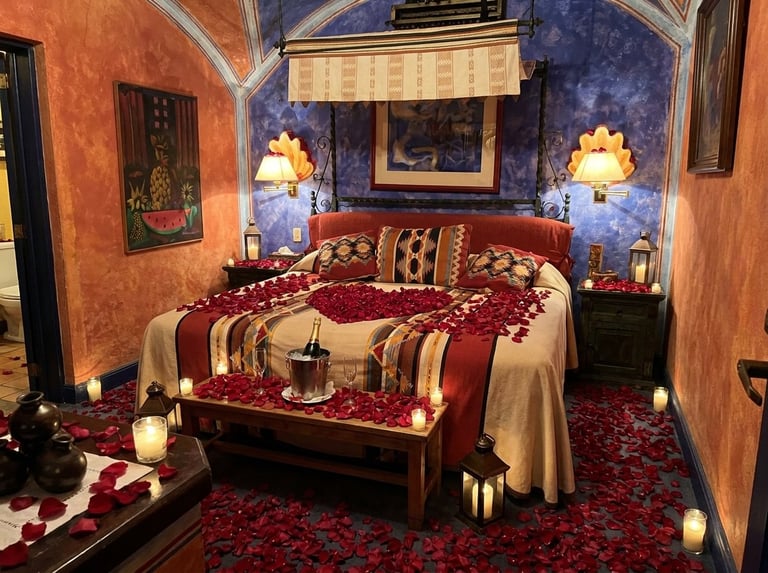 Habitación de lujo con decoración romántica en tonos burdeos