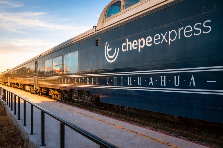 Blue Chepe Express passenger train car with logo displayed on its side, parked along a platform at sunset