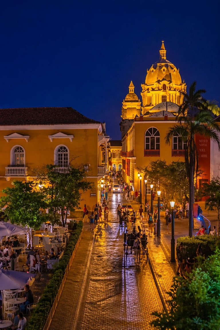 Illuminated colonial street at dusk leading to a yellow cathedral with dome, lined with palm trees and historic buildings