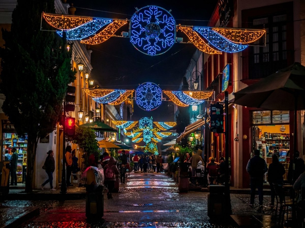 Street decorated with blue snowflake lights and golden garland overhead, crowded with holiday shoppers at night