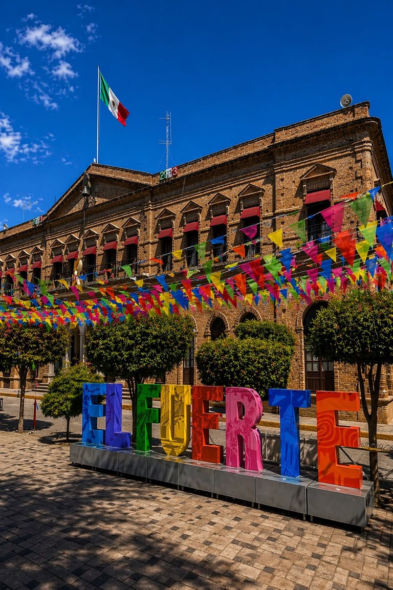 Letras coloridas de ALGUEARTE frente a edificio de ladrillo ornamentado con bandera mexicana y decoraciones festivas de papel picado