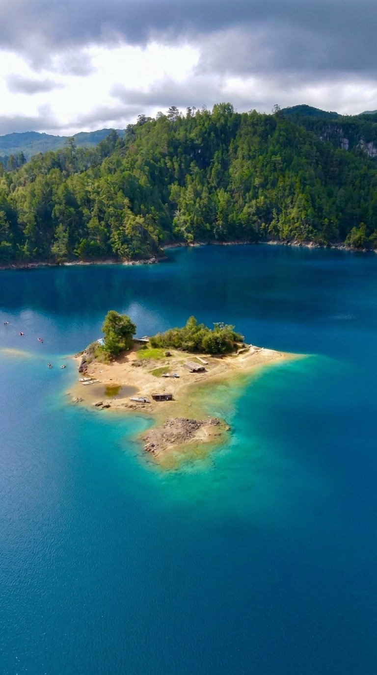 Small sandy island with trees in turquoise alpine lake surrounded by forested mountains
