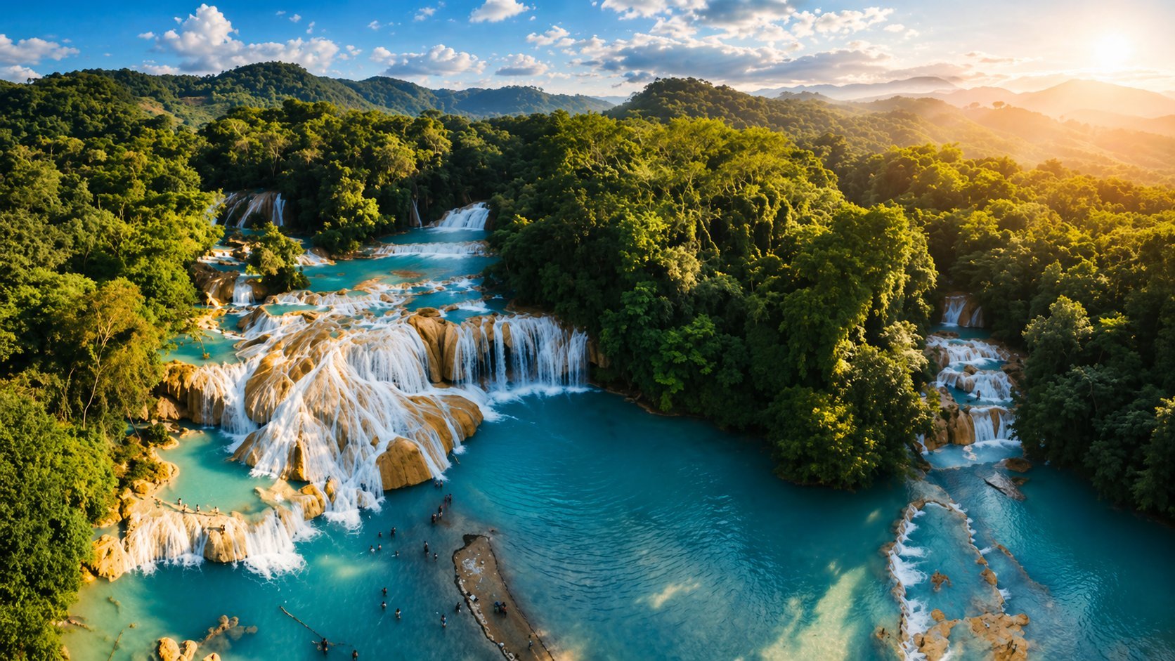 Aerial view of turquoise waterfalls cascading through dense jungle forest at golden hour sunset