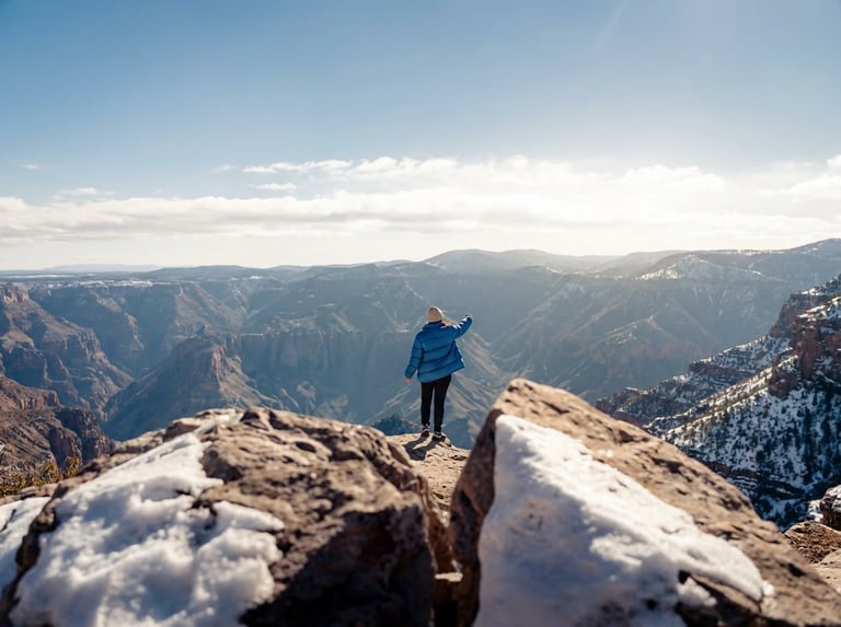 Hiker in blue jacket standing on snowy mountain ridge overlooking vast canyon valley below