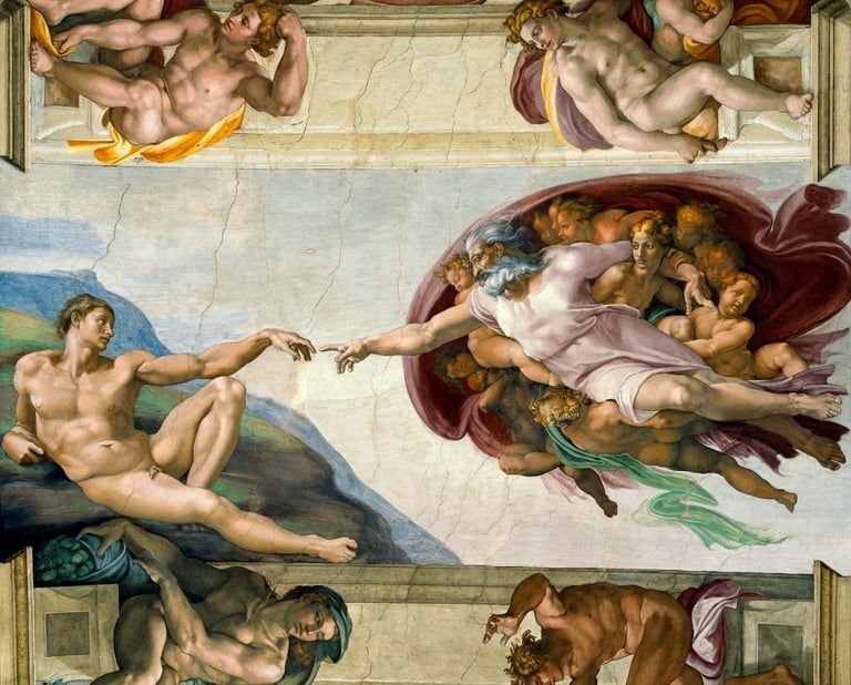 Michelangelos Creation of Adam fresco showing two figures reaching toward each other with surrounding Renaissance details