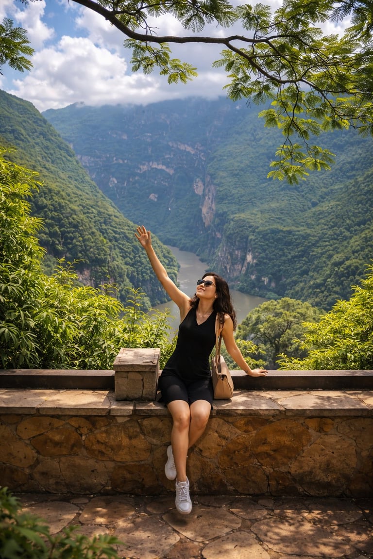 Woman in black tank top sitting on stone wall overlooking lush green canyon valley