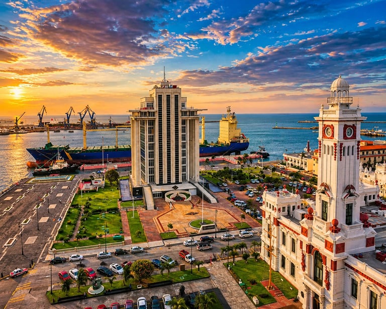 Aerial view of a Mediterranean coastal port city at sunset with historic buildings, harbor cranes, and cargo ships at dock