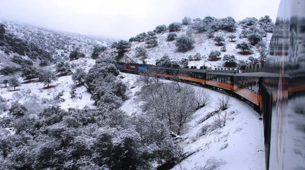 Scenic train winding through snowy mountainous landscape with frosted trees and hills