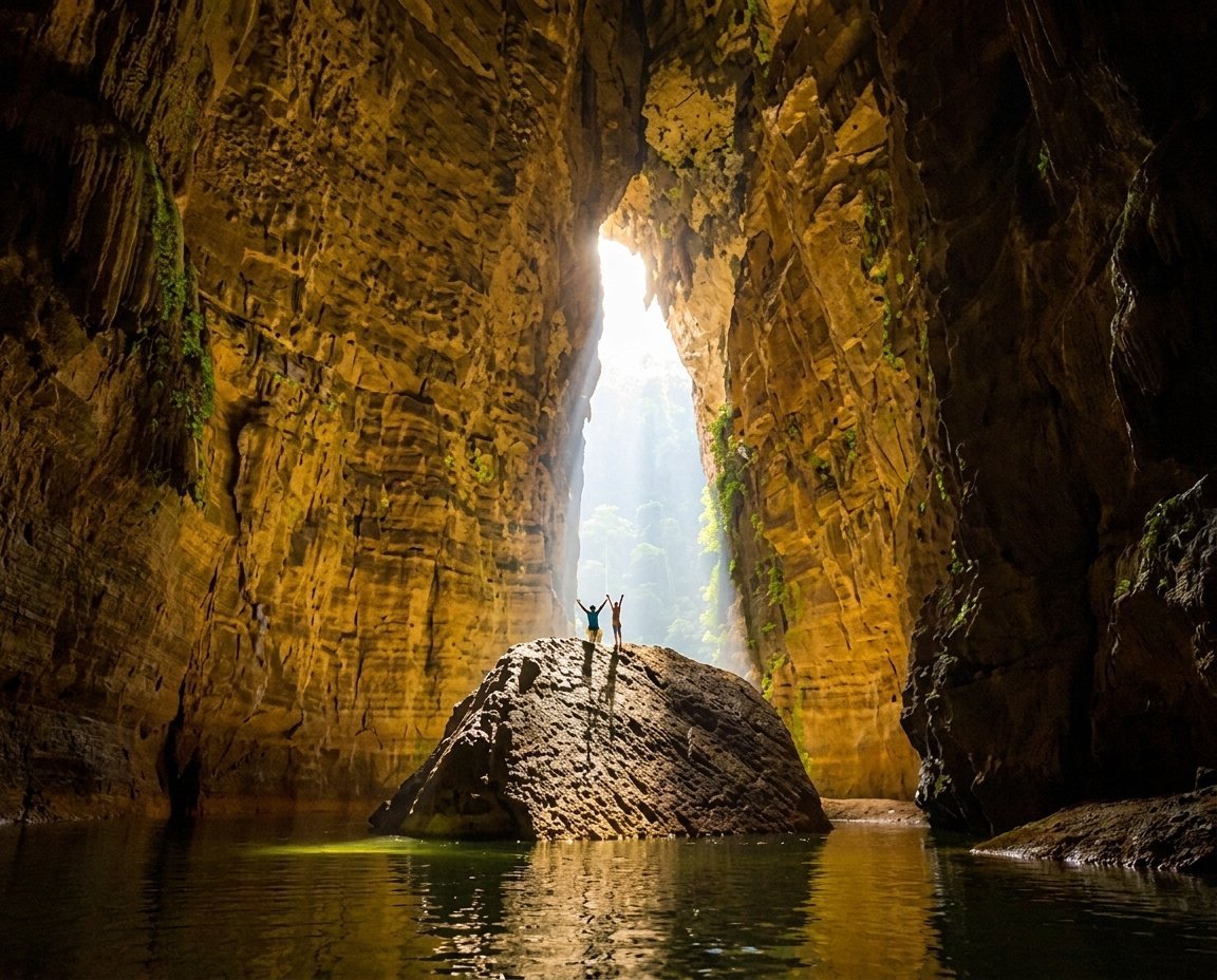 Two silhouetted figures standing on a rock inside a cave with golden stone walls, water below, and bright light streaming through the cave opening