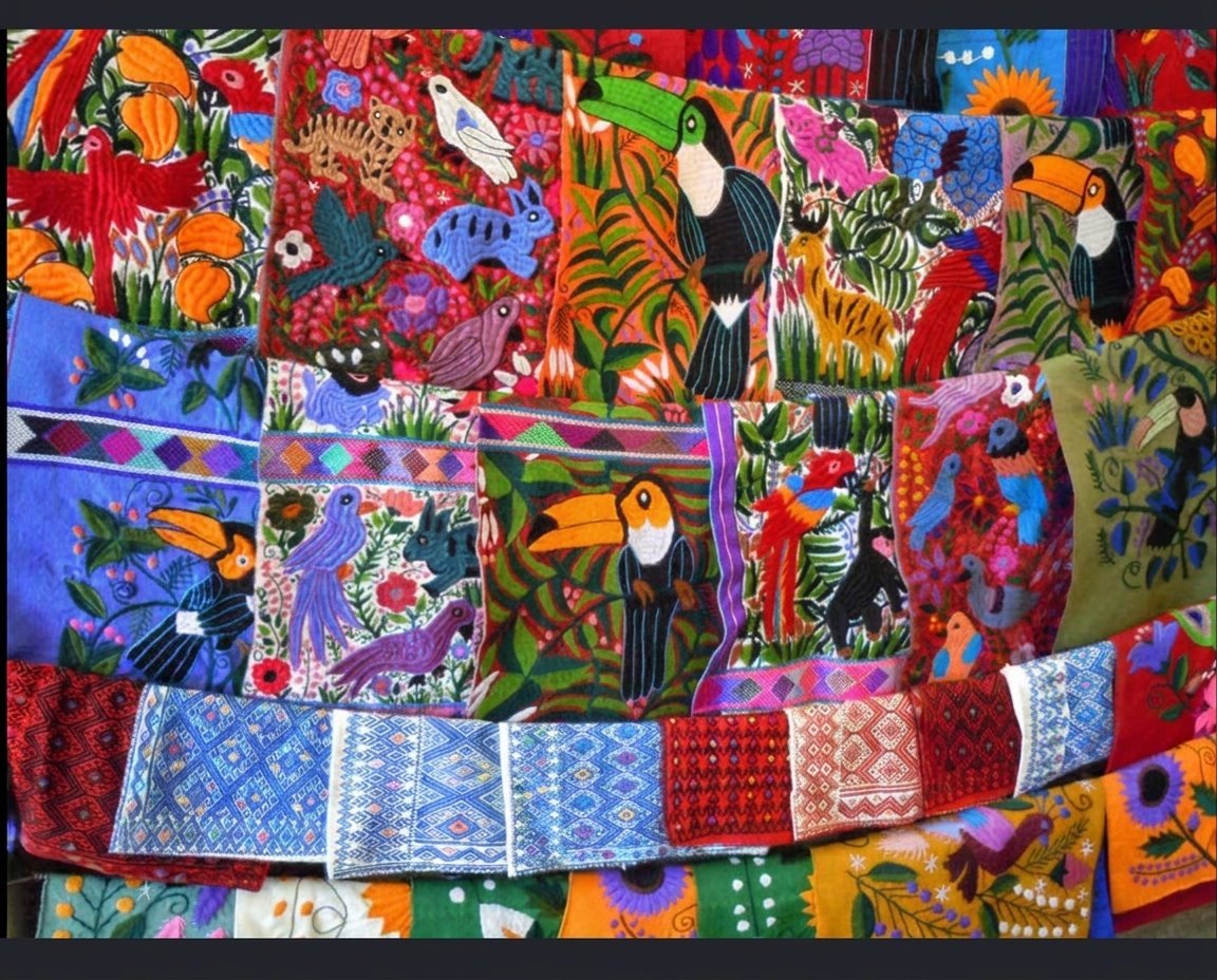 Vibrant patchwork quilt with colorful fabric squares featuring tropical birds, flowers, and geometric patterns in reds, blues, oranges, and greens