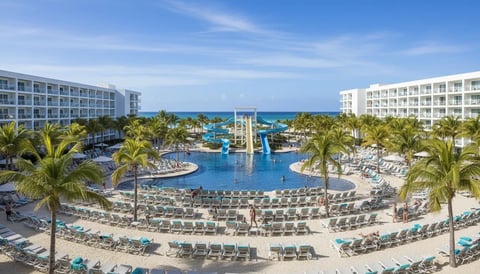Luxury resort with blue lagoon-style pool, lounge chairs, palm trees, and multi-story hotel buildings under clear sky