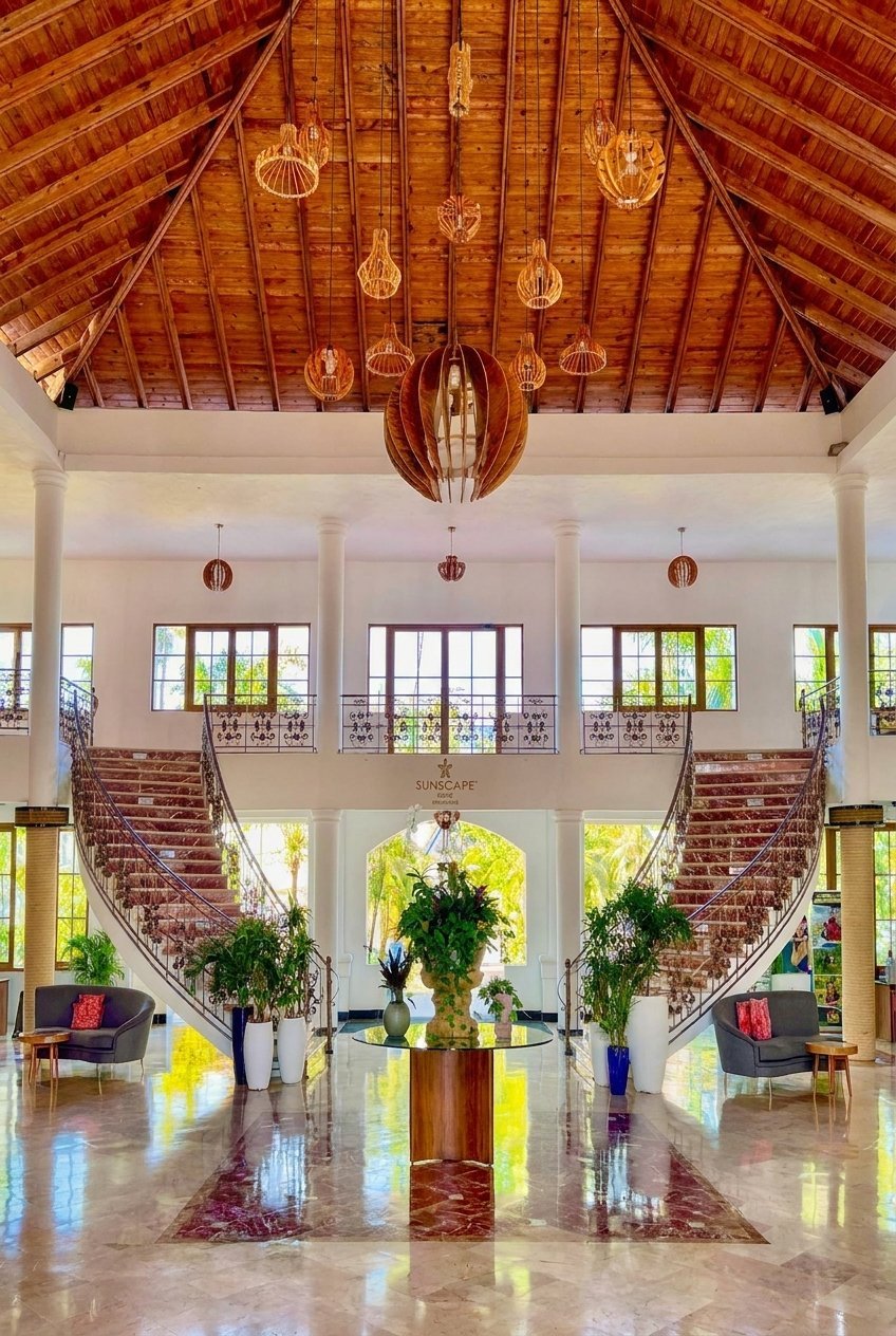 Luxurious two-story foyer with wooden ceiling beams, pendant lights, curved brick staircases, potted plants, and polished floor